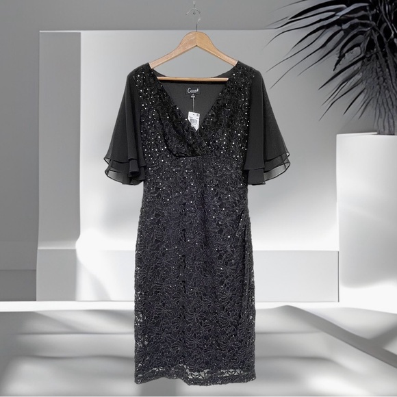 Connected Apparel Sequined Lace Dress Chiffon Flutter Sleeves - Picture 8 of 13